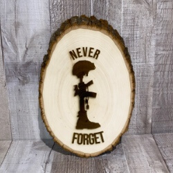 Never Forget Helmet Rifle Boots Plaque with Live Edge handcrafted by Triple R Designs