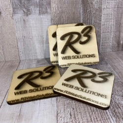 R3 Web Solutions logo on wooden coasters handcrafted by Triple R Designs
